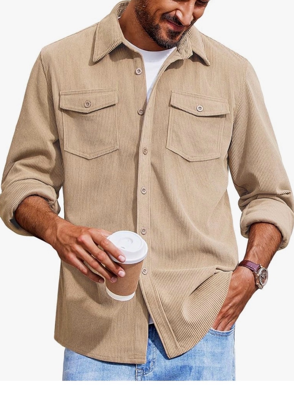 Men's Lightweight Corduroy Shirt Jacket in Beige size medium